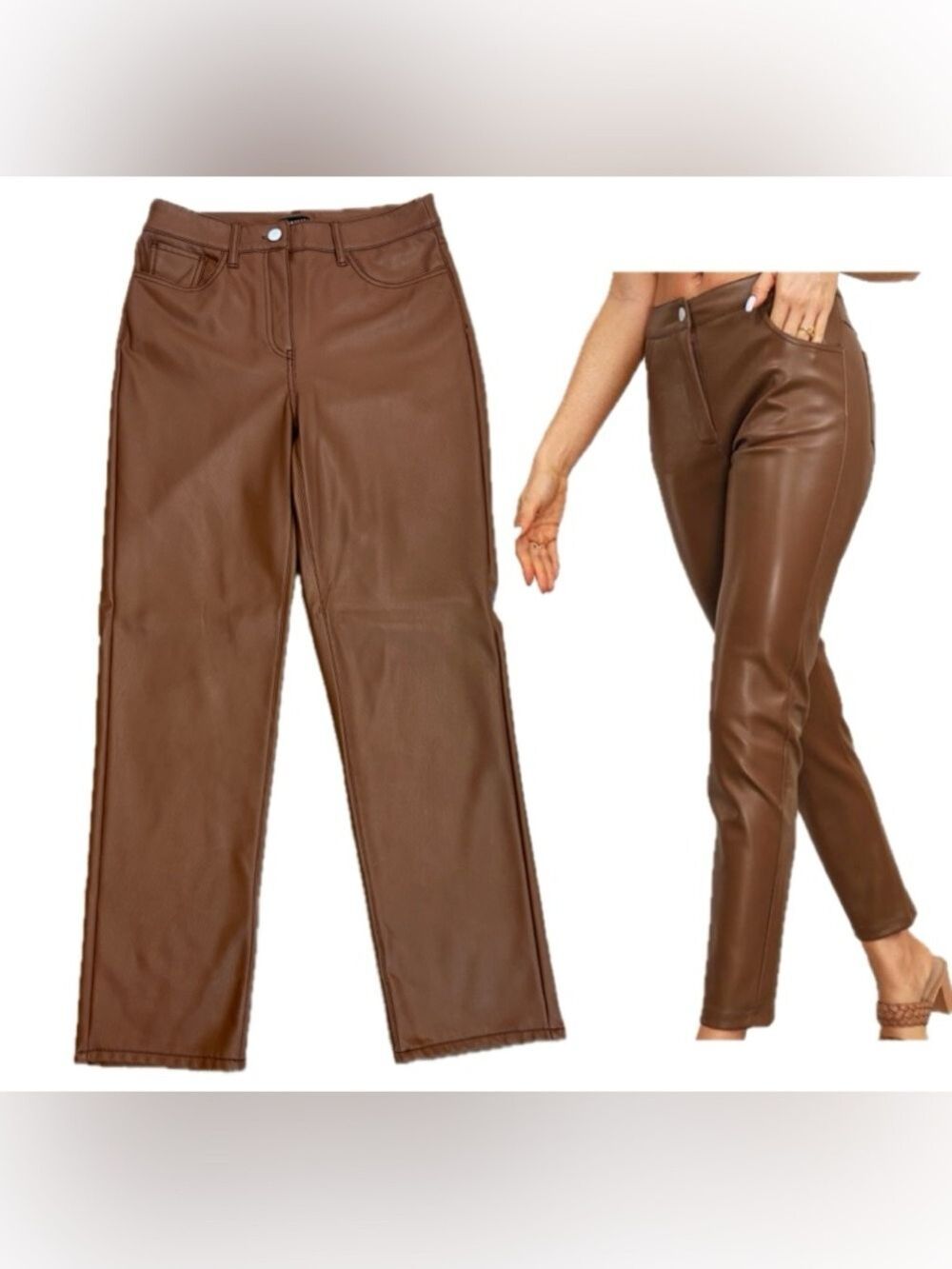 Reitmans Signature Pant cognac brown high-rise straight-leg vegan leather Sz 8